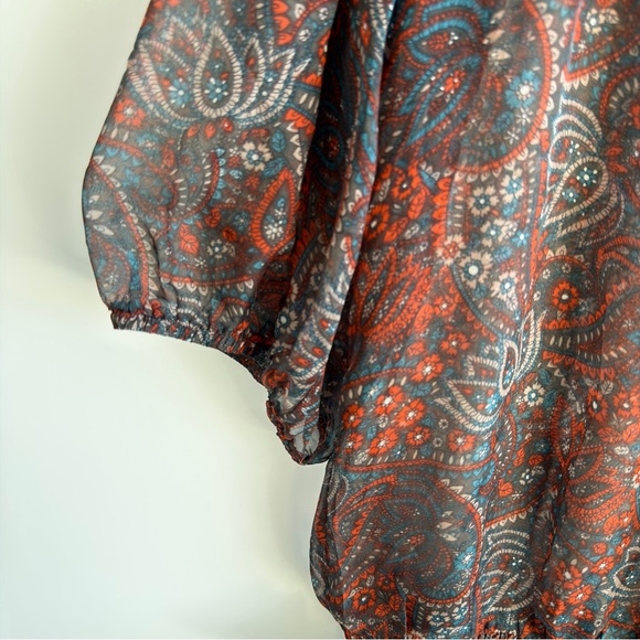 Pleione 100% Silk Paisley Smocked Waist Blouse Large Nordstrom Boho Peplum Top - Picture 6 of 13